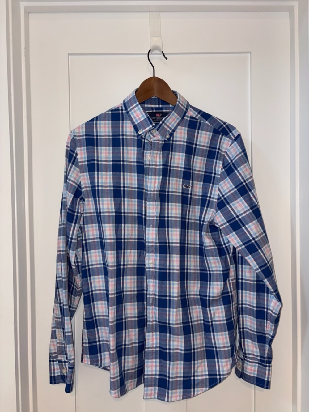 Vineyard Vines Blue Plaid Button-Down Shirt with Pink and White Accents